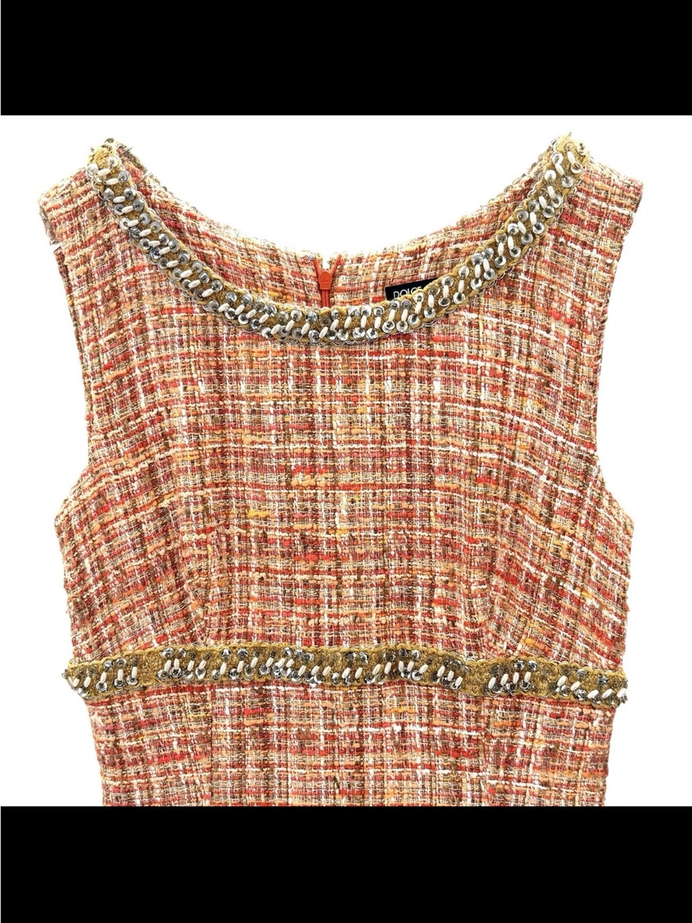 Dolce & Gabbana Coral Tweed Sheath Dress Jeweled Neckline & Waist SZ 40 US 4 - Picture 5 of 14
